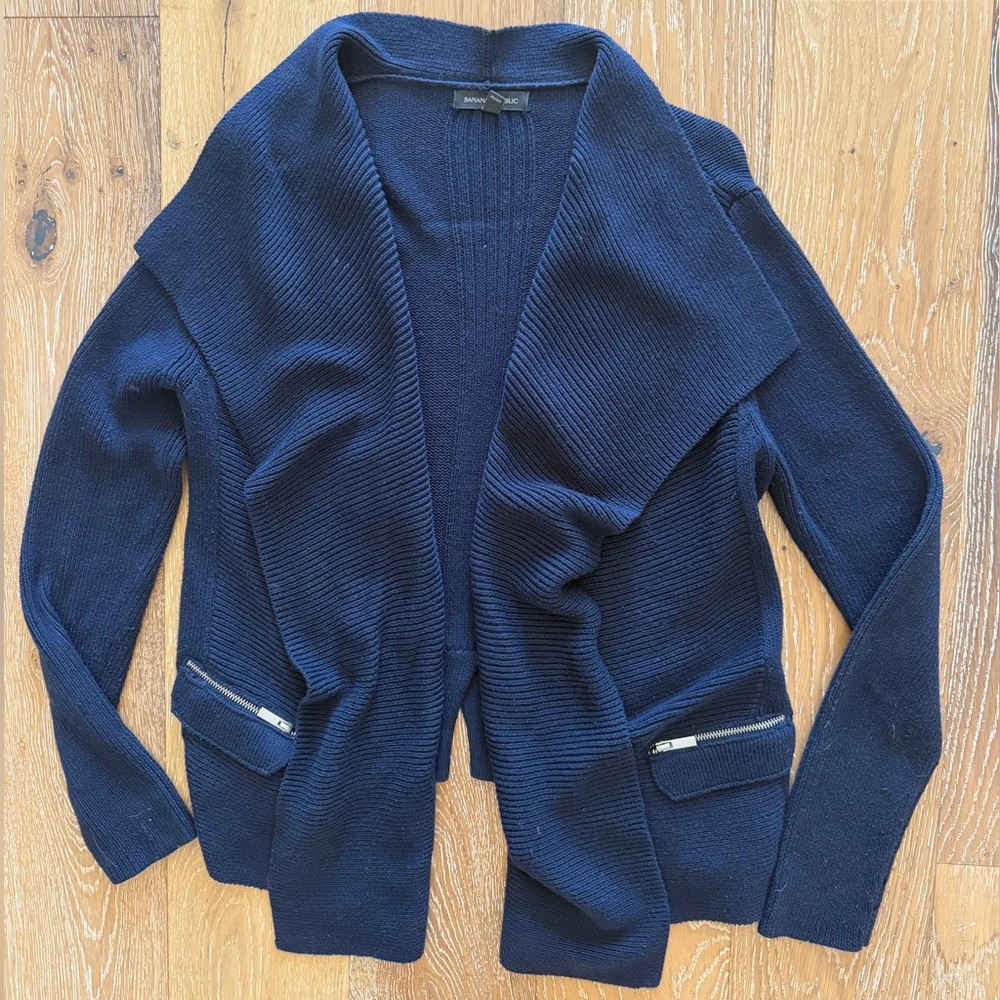 Banana Republic Navy Zip-Pocket Open Cardigan
